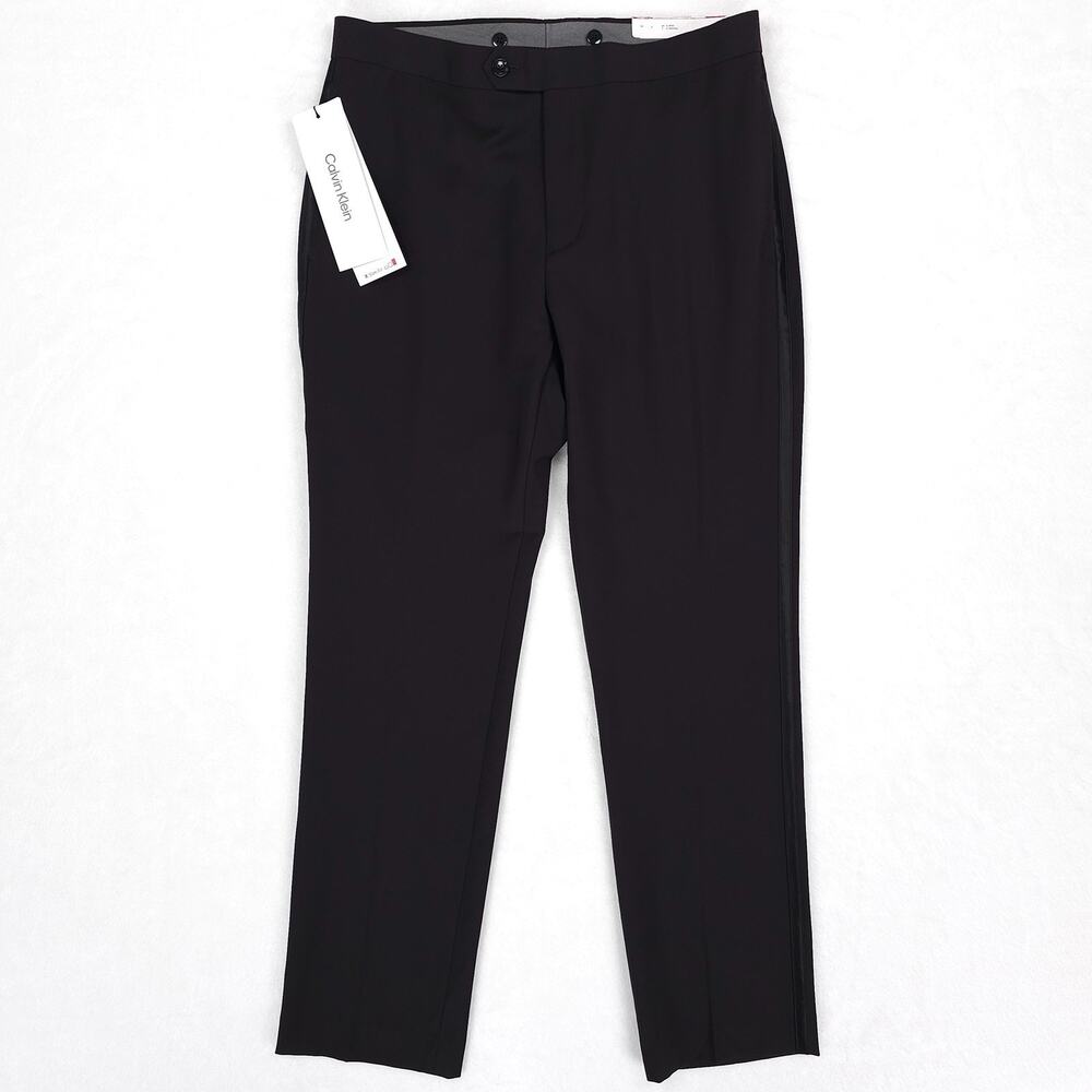 Calvin Klein Mens Slim Fit Tuxedo Pants 32x30 Black Solid Stretch Wool Blend NWT